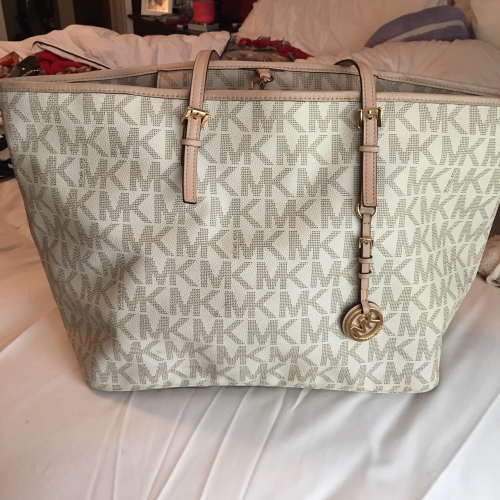Michael Kors MK Monogrammed white/tan Tote